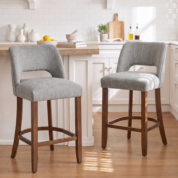 Usaint Chenille Bar Stools Set of 2, 26.6" Modern Counter Height Barstools, Farmhouse Wooden Kitchen Island Chairs with Hollow-Out Back for Restaurant Kitchen Bar, Gray