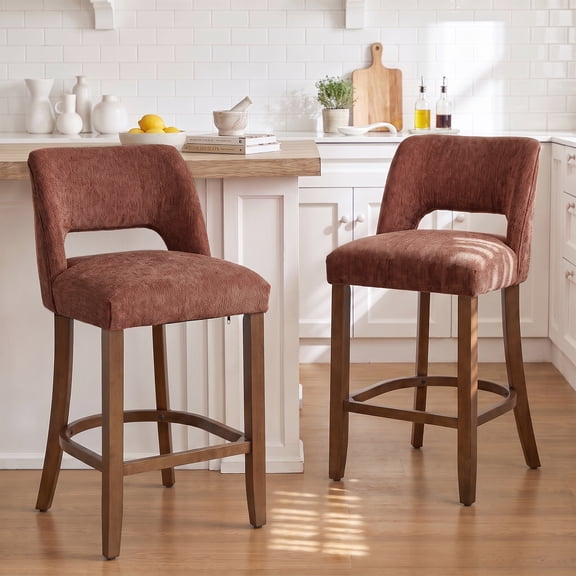 Usaint Chenille Bar Stools Set of 2, 26.6" Modern Counter Height Barstools, Farmhouse Wooden Kitchen Island Chairs with Hollow-Out Back for Restaurant Kitchen Bar, Rust