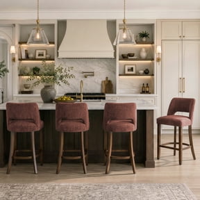 VKNOW Chenille Bar Stools Set of 4, 26.6" Modern Counter Height Barstools, Farmhouse Wooden Kitchen Island Chairs with Hollow-Out Back for Restaurant Kitchen Bar, Rust