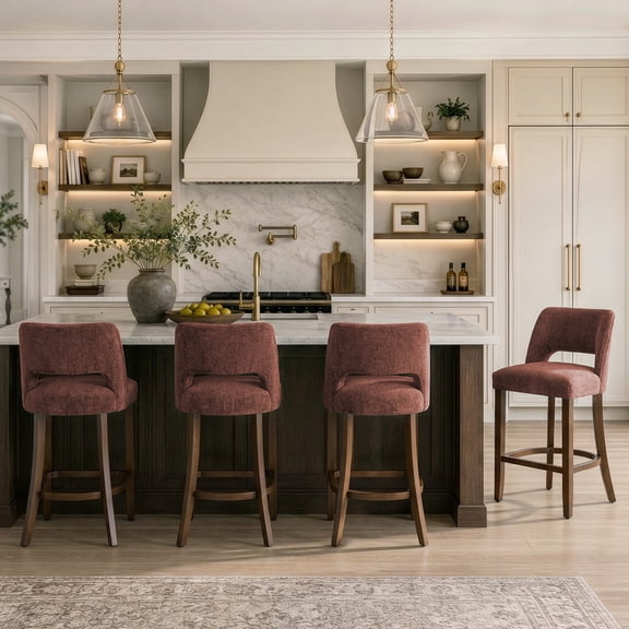 VKNOW Chenille Bar Stools Set of 4, 26.6" Modern Counter Height Barstools, Farmhouse Wooden Kitchen Island Chairs with Hollow-Out Back for Restaurant Kitchen Bar, Rust