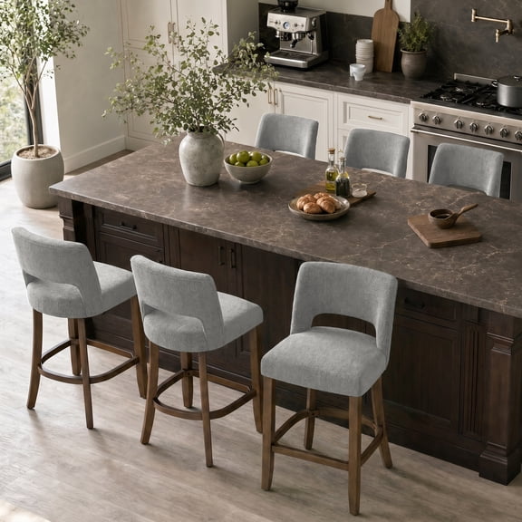 VKNOW Chenille Bar Stools Set of 6, 26.6" Modern Counter Height Barstools, Farmhouse Wooden Kitchen Island Chairs with Hollow-Out Back for Restaurant Kitchen Bar, Gray
