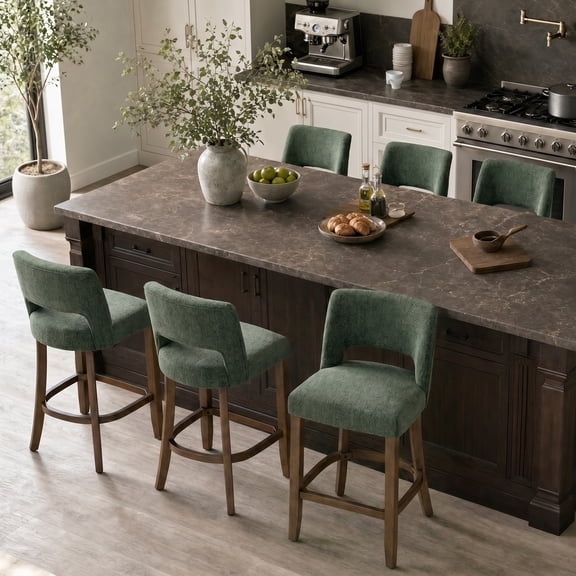 VKNOW Chenille Bar Stools Set of 6, 26.6" Modern Counter Height Barstools, Farmhouse Wooden Kitchen Island Chairs with Hollow-Out Back for Restaurant Kitchen Bar, Green
