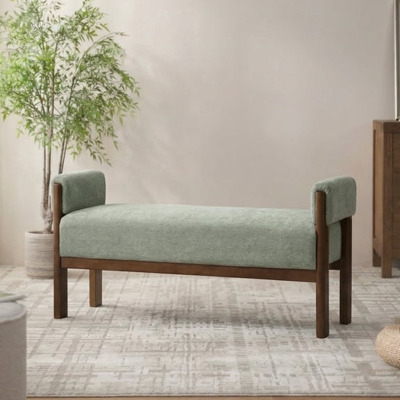 VKNOW Chenille Ottoman Bench with Arms, Upholstered Storage Ottoman for Bed End of Bed, Modern Accent Ottoman with Solid Wood Frame for Living Room Entryway, Easy Assembly, Light Green