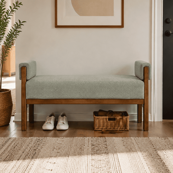Usaint Soft Upholstered Chenille Ottoman Bench with Padded Armrests, Solid Wood Legs for Entryway, Bedroom End of Bed, Living Room, Light Green