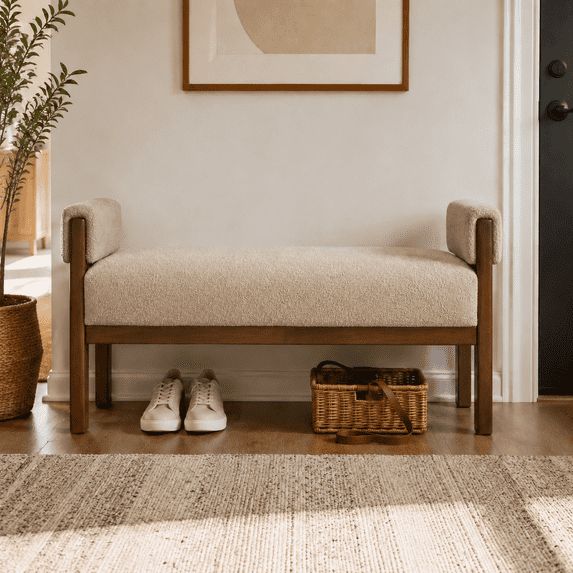 Usaint Soft Upholstered Chenille Ottoman Bench with Padded Armrests, Solid Wood Legs for Entryway, Bedroom End of Bed, Living Room, Brown