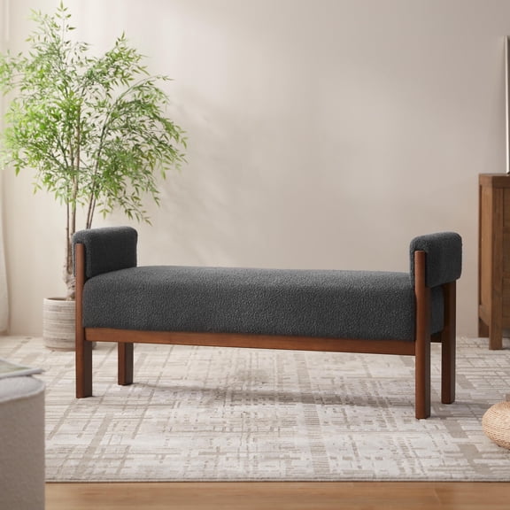 VKNOW Chenille Upholstered Bench with Arms for Entryway Bedroom, Dark Gray