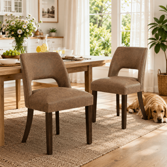 VKNOW Faux Leather 20.7" W Upholstered Dining Chairs Set of 2, Thick Foam Cushion Kitchen & Dining Room Chairs with Solid Wood Legs, Dark Brown