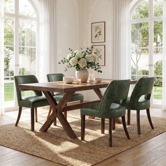Usaint Upholstered Dining Chairs Set of 4, Faux Leather Kitchen Side Chairs with Wood Legs and Curved Cutout Back for Dining Room and Cafe, Green