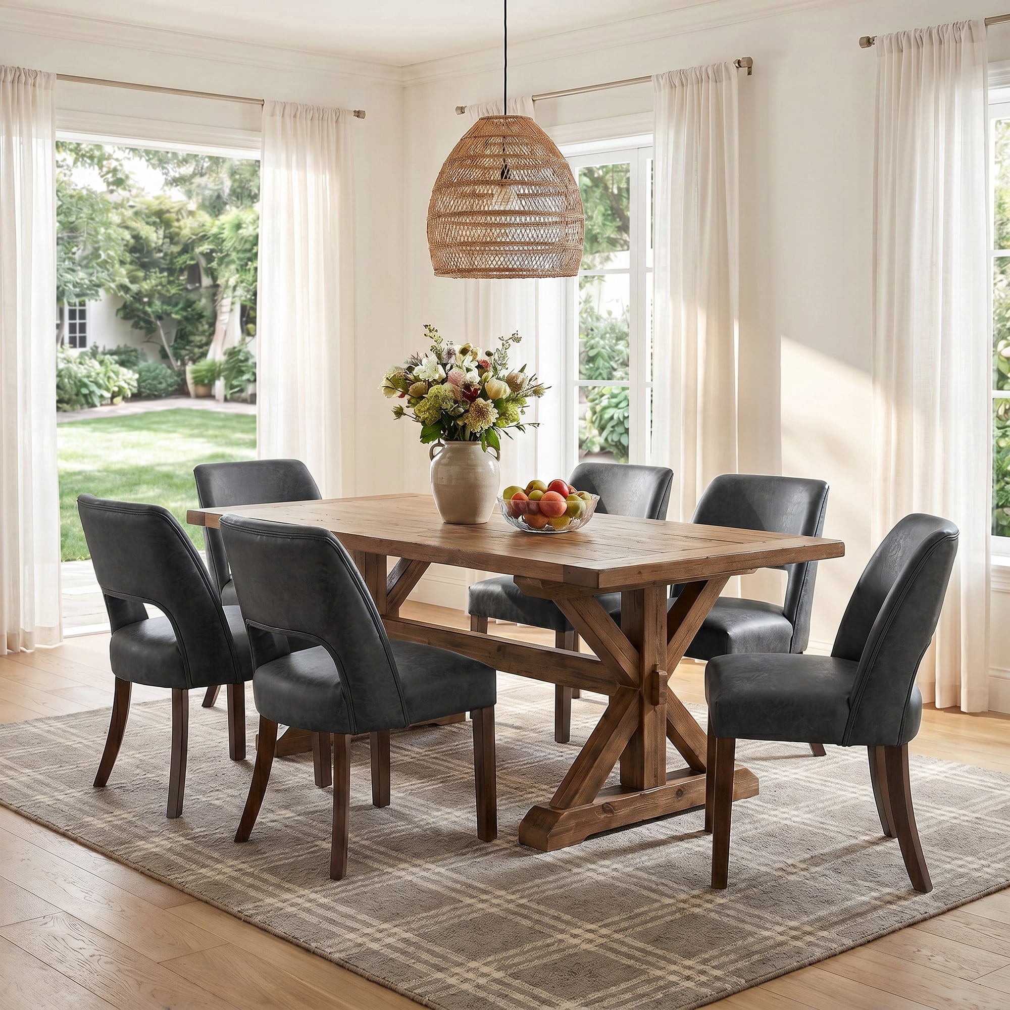 VKNOW Faux Leather 20.7" W Upholstered Dining Chairs Set of 6, Thick Foam Cushion Kitchen & Dining Room Chairs with Solid Wood Legs, Black