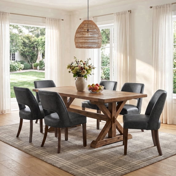 Modern Faux Leather 20.7" W Upholstered Dining Chairs Set of 6, Thick Foam Cushion Kitchen & Dining Room Chairs with Solid Wood Legs, Black