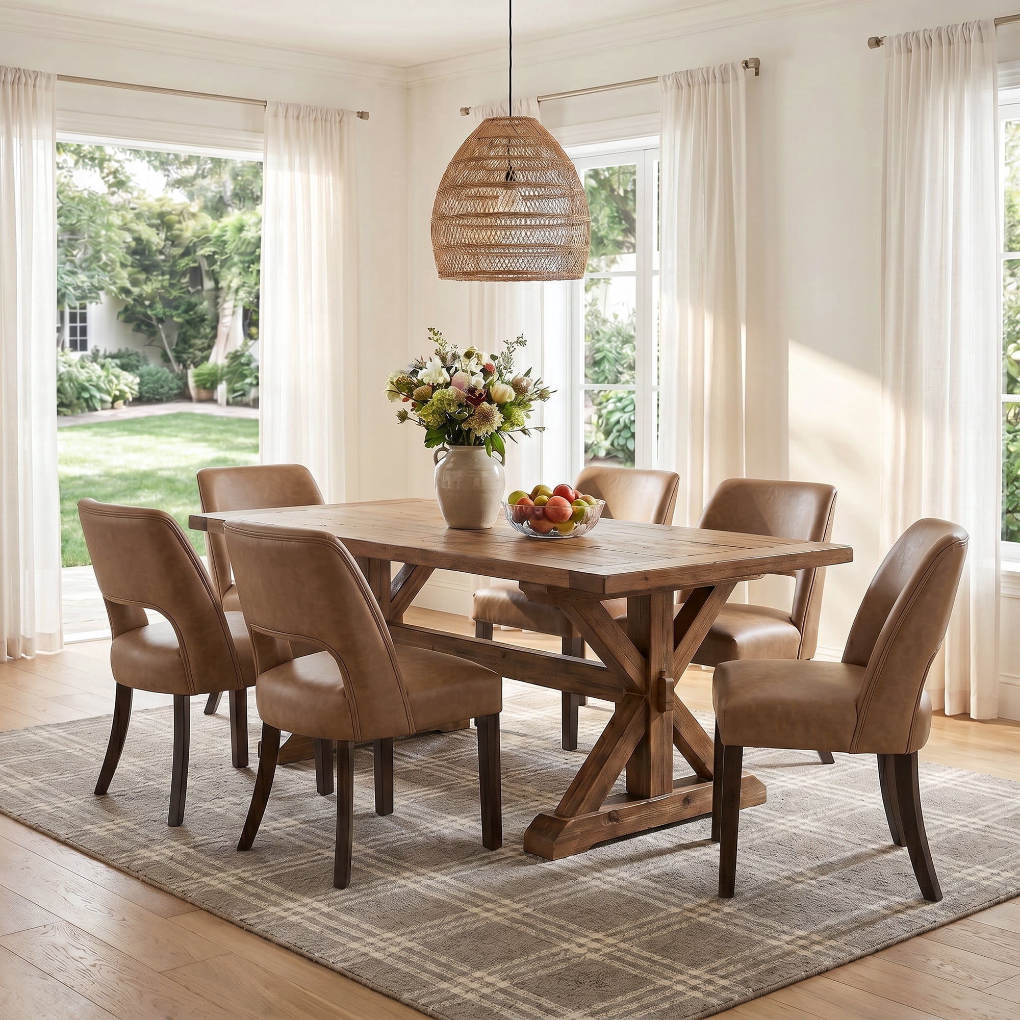 VKNOW Faux Leather 20.7" W Upholstered Dining Chairs Set of 6, Thick Foam Cushion Kitchen & Dining Room Chairs with Solid Wood Legs, Brown