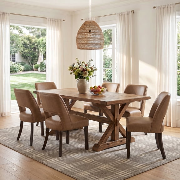 VKNOW Faux Leather 20.7" W Upholstered Dining Chairs Set of 6, Thick Foam Cushion Kitchen & Dining Room Chairs with Solid Wood Legs, Brown