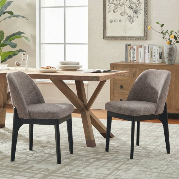 VKNOW Modern Upholstered Dining Chair with Curved Back, Chenille Fabric Accent Chair with Black Rubberwood Legs, Set of 2, Brown