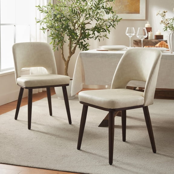 VKNOW Modern Upholstered Dining Chairs with Solid Wood Frame, Faux Leather Padded Seat & Curved Back, Modern Kitchen Chairs for Dining Room, Living Room, Beige, Set of 2