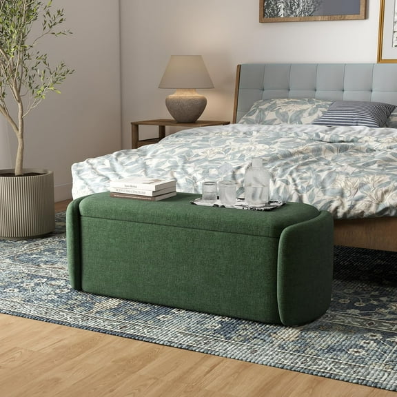 VKNOW Oval Storage Ottoman , 46" Upholstered End of Bed  Ottomans  Foot Rest, Sherpa Storage  for Bedroom, Living Room and Hallway, Green