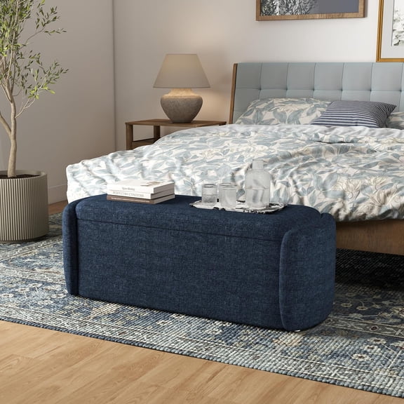 VKNOW Oval Storage Ottoman , 46" Upholstered End of Bed Ottomans Foot Rest, Sherpa Storage for Bedroom, Living Room and Hallway, Navy