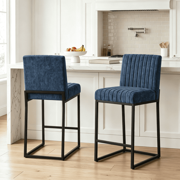 Usaint Sets of 2 Bar Stools with Thickened Metal Frame, Mid Back 26 Inch Counter Height Upholstered Modern Bar Chairs for Kitchen Island,Blue