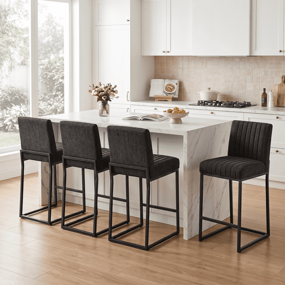 Usaint Sets of 4 Bar Stools with Thickened Metal Frame, Mid Back 26 Inch Counter Height Upholstered Modern Bar Chairs for Kitchen Island,Dark Gray