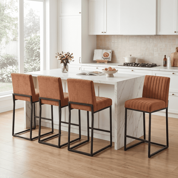 Usaint Sets of 4 Bar Stools with Thickened Metal Frame, Mid Back 26 Inch Counter Height Upholstered Modern Bar Chairs for Kitchen Island,Orange