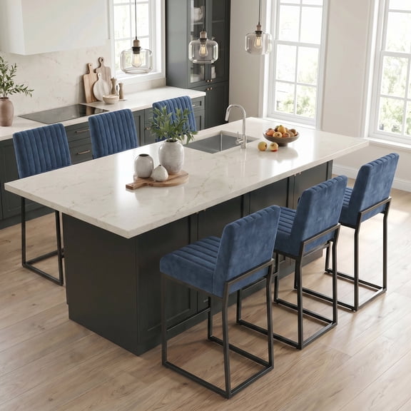 Usaint Sets of 6 Bar Stools with Thickened Metal Frame, Mid Back 26 Inch Counter Height Upholstered Modern Bar Chairs for Kitchen Island,Blue
