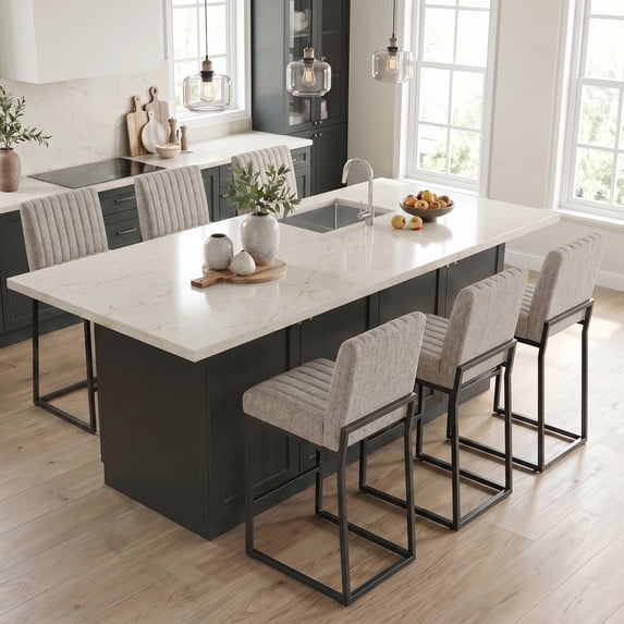 Usaint Sets of 6 Bar Stools with Thickened Metal Frame, Mid Back 26 Inch Counter Height Upholstered Modern Bar Chairs for Kitchen Island,Brown