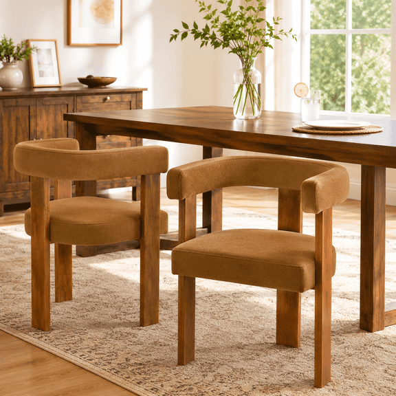 Modern Barrel Dining Chairs Set of 2, Chenille Upholstered Dining Arm Chairs with Wood Legs, for Dining Room, Living Room, Kitchen, Bedroom, Orange