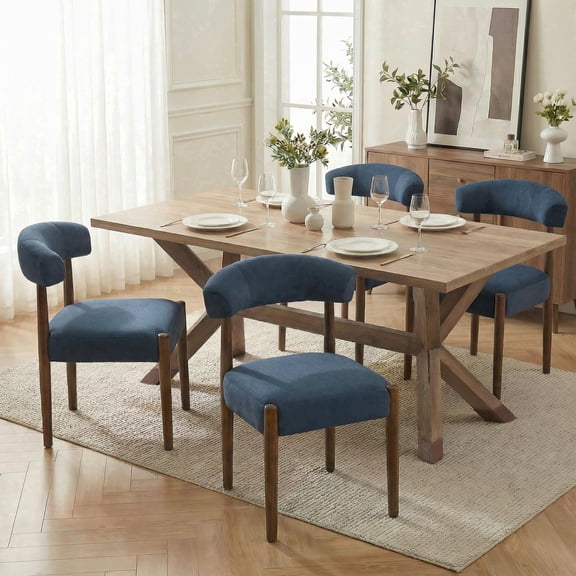 VKNOW Upholstered Dining Barrel Chairs, 20" Wide Seat, Thick Foam Cushion, Easy-Care Upholstery, Solid Wood Legs, Dining Chairs for Kitchen & Dining Room, Set of 4, Blue