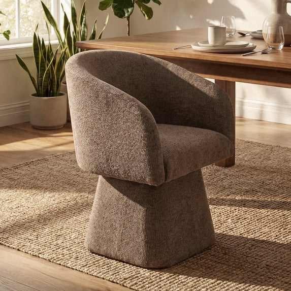 Usaint Curved Barrel‑Back Chenille Upholstered Swivel Dining Chair Single, Thick Foam Cushion, 360 Degree Silent Swivel Base for Dining Room, Kitchen, Living Room, Dark Brown