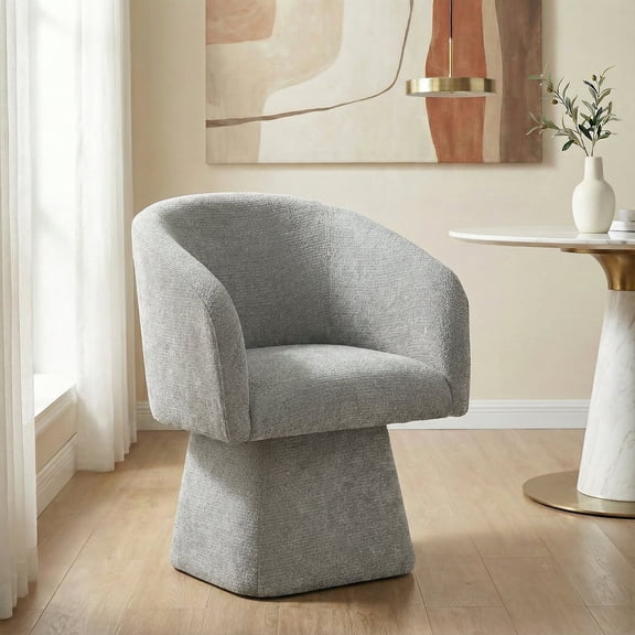 VKNOW Upholstered Swivel Dining Chair with Barrel Back, Modern Chenille Dining Room Chair for Kitchen and Living Room, Light Gray