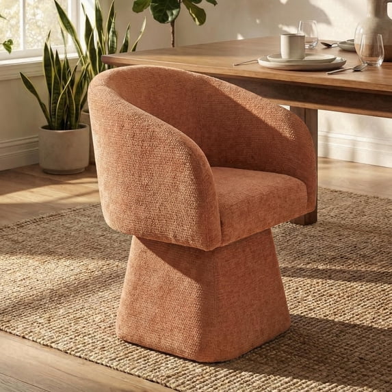 Usaint Curved Barrel‑Back Chenille Upholstered Swivel Dining Chair Single, Thick Foam Cushion, 360 Degree Silent Swivel Base for Dining Room, Kitchen, Living Room, Orange