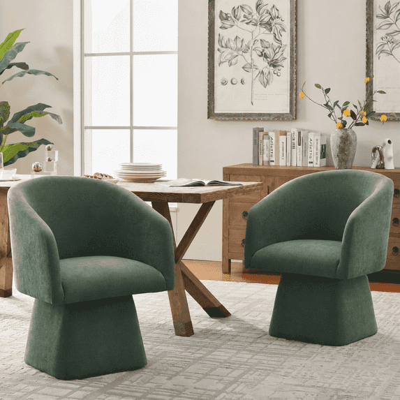 Usaint Curved Barrel‑Back Chenille Upholstered Swivel Dining Chair Set of 2, Thick Foam Cushion, 360 Degree Silent Swivel Base for Dining Room, Kitchen, Living Room, Green