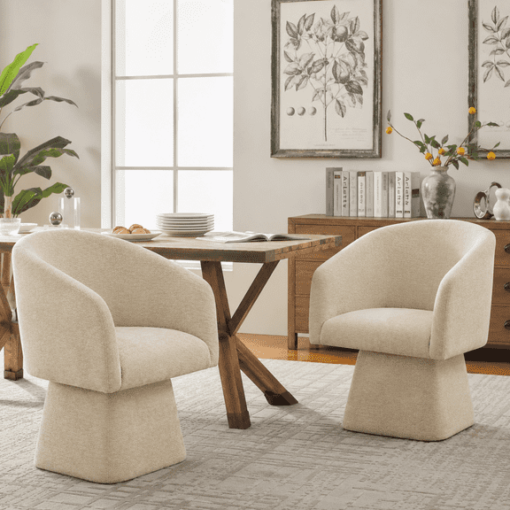 VKNOW Upholstered Swivel Dining Chair with Barrel Back, Modern Chenille Dining Room Chair for Kitchen and Living Room, Set of 2, Khaki