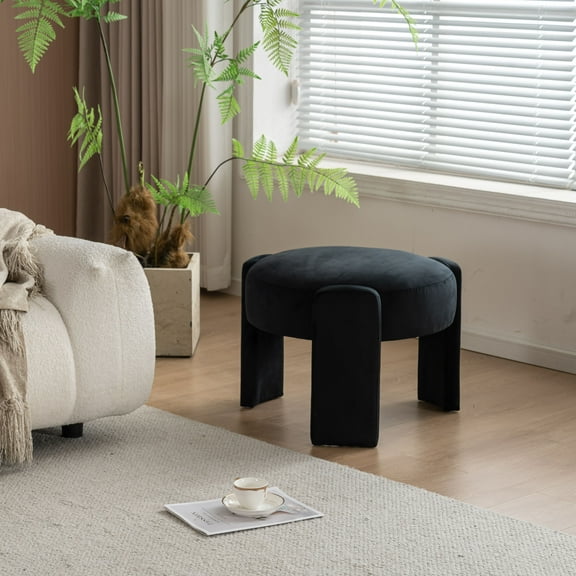 VKNOW Velvet Upholstered Round Ottoman Elegant Footstool Foot Rest Modern Stool Chair for Living Room Bedroom Black