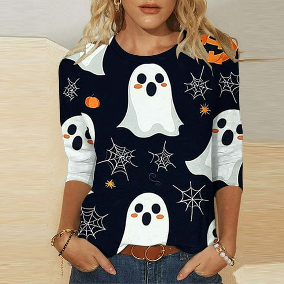 VKOYWKM 3/4 Length Sleeve Womens Tops Halloween Ghost Print T Shirts Fall Tunic Tops Loose Fit Crew Neck Party Blouse