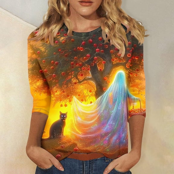 VKOYWKM 3/4 Length Sleeve Womens Tops Halloween Shirts Black Cat Ghostface Graphic T Shirts Casual Crew Neck Spooky Halloween Top Blouse