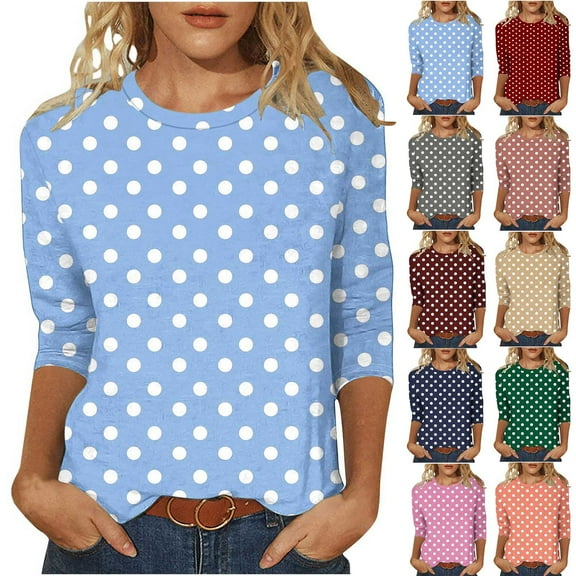 VKOYWKM 3/4 Length Sleeve Womens Tops Trendy Polka Dot Print Crew Neck Blouse Dressy Casual Loose Fit Plus Size Shirts Fall Summer Clothes