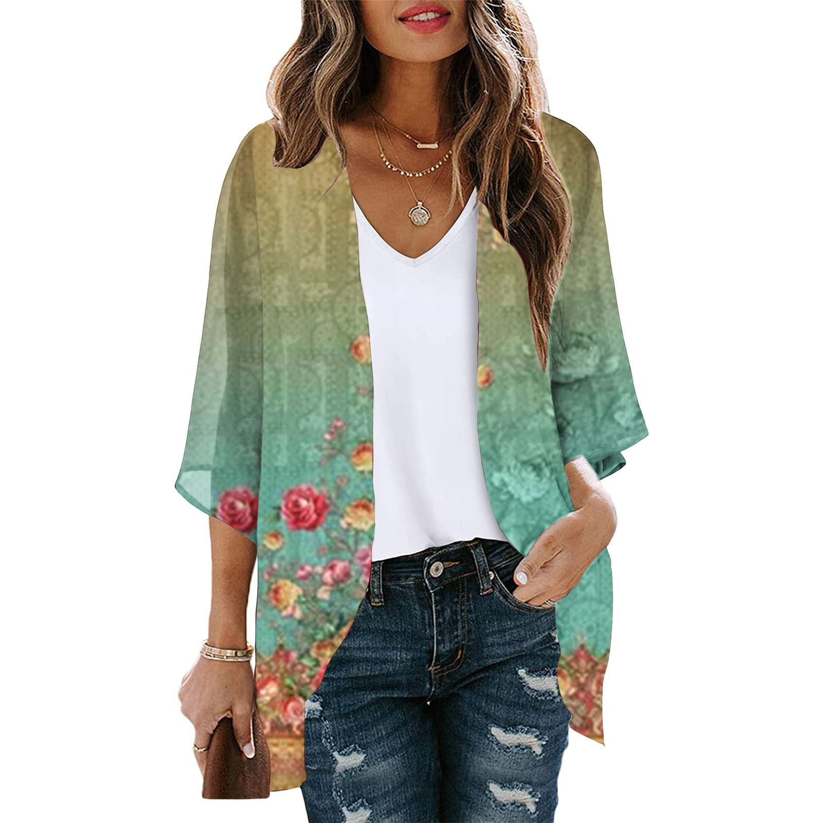 Chiffon Loose Beach Kimono Finoceans Women's Beach Cover Up Kimono - Floral Chiffon Cardigan Large Loose Boho Blouse