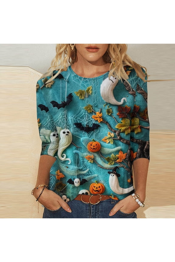 3/4 Sleeve T Shirts for Women Halloween Ghost Pumpkin Bat Graphic T Shirt Crew Neck Halloween Party Tops Funny Spooky Print Tees