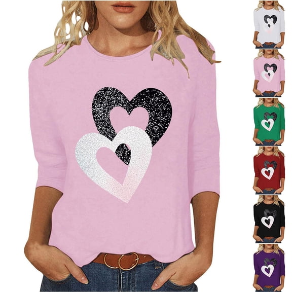 VKOYWKM 3/4 Sleeve T-Shirts for Women Valentines Day Shirts Heart Graphic Tees Casual Spring Tops Crew Neck Loose Fit Valentine T-Shirts