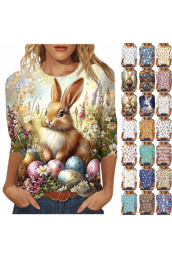3/4 Sleeve Tops for Women Easter Shirts Cute Bunny Graphic Tee Tops Happy Family Shirt T-Shirts Crew Neck Loose Fit Summer Tshirt Shirts Loose Fit Spring Tops Casual Easter Tshirt Shirts