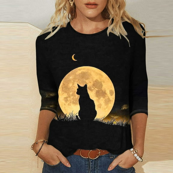VKOYWKM 3/4 Sleeve Tops for Women Black Cat Halloween Shirt Funny Graphic T Shirt Crew Neck Loose Party Tops Spooky Print Tees