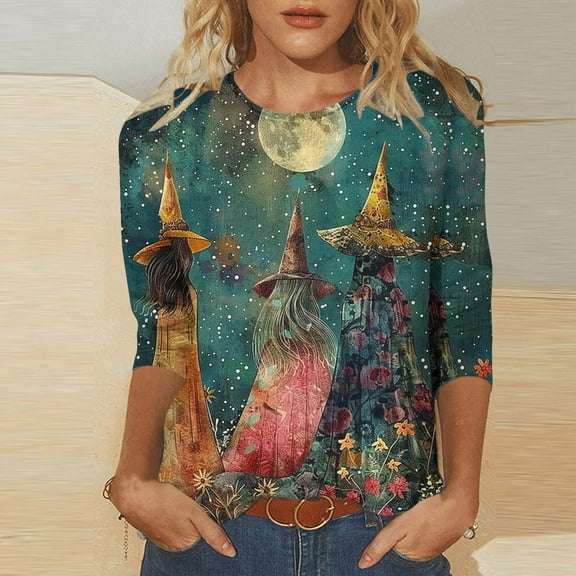 VKOYWKM 3/4 Sleeve Tops for Women Halloween Graphic T Shirts Dressy Casual Crew Neck Loose Fit Holiday Party Blouses