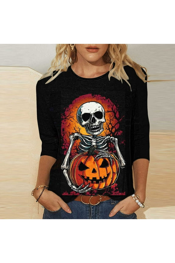 3/4 Sleeve Tops for Women Halloween Shirts Funny Pumpkin Skeleton Graphic T Shirts Holiday Crew Neck Loose Fit Halloween Party Blouses
