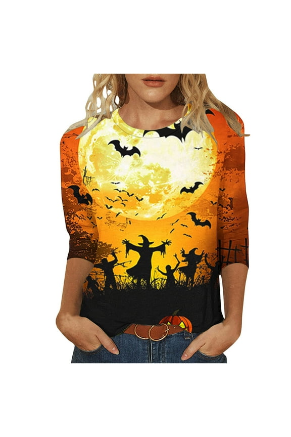 3/4 Sleeve Tops for Women Halloween Shirts Witch Bat Graphic T Shirt Crew Neck Halloween Party Tops Funny Spooky Print Tees