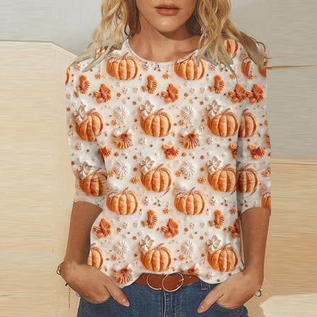 VKOYWKM Pumpkin Top for Women Halloween 3/4 Sleeve T-Shirts Halloween Spooky Print Crew Neck Pullover Tees Loose Fit Comfy Fall Tunic Tops Halloween Costumes
