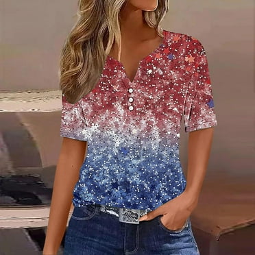 VKOYWKM 4th of July Henley Shirts for Women American Flag Independence Day Graphic T Shirts Casual Short Sleeve Button V Neck Red White and Blue Print Tee Tops