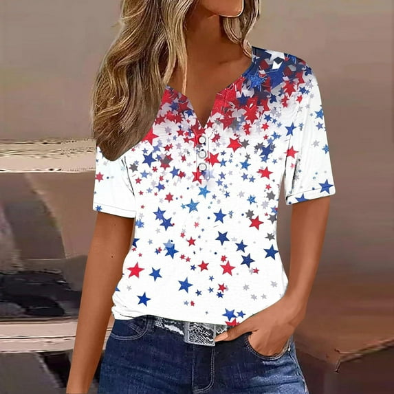 VKOYWKM 4th of July Shirts for Women American Flag Independence Day Graphic T Shirts Casual Short Sleeve Button V Neck Red White and Blue Print Tee Tops