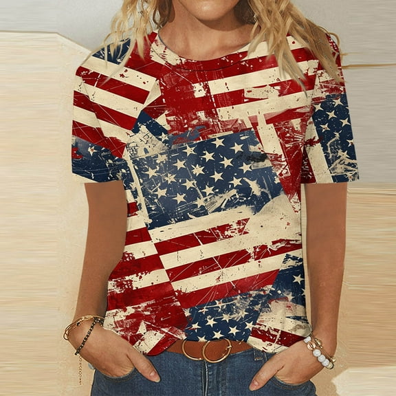 VKOYWKM 4th of July Shirts Women American Flag Short Sleeve Tops Patriotic Stars Stripes Graphic T Shirts Casual Crew Neck American Flag T-Shirts