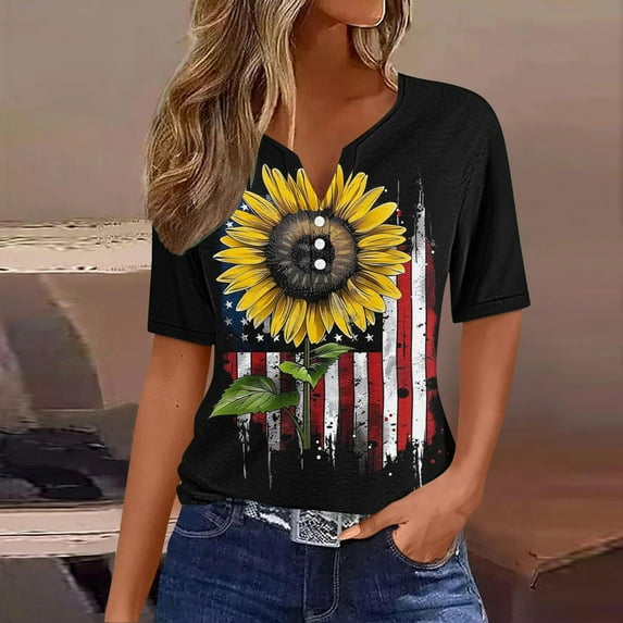 VKOYWKM 4th of July Tee Shirts Women's Patriotic American Flag Graphic T Shirts Independence Day Short Sleeve V Neck USA Flag Patriotic Memorial Day Tee