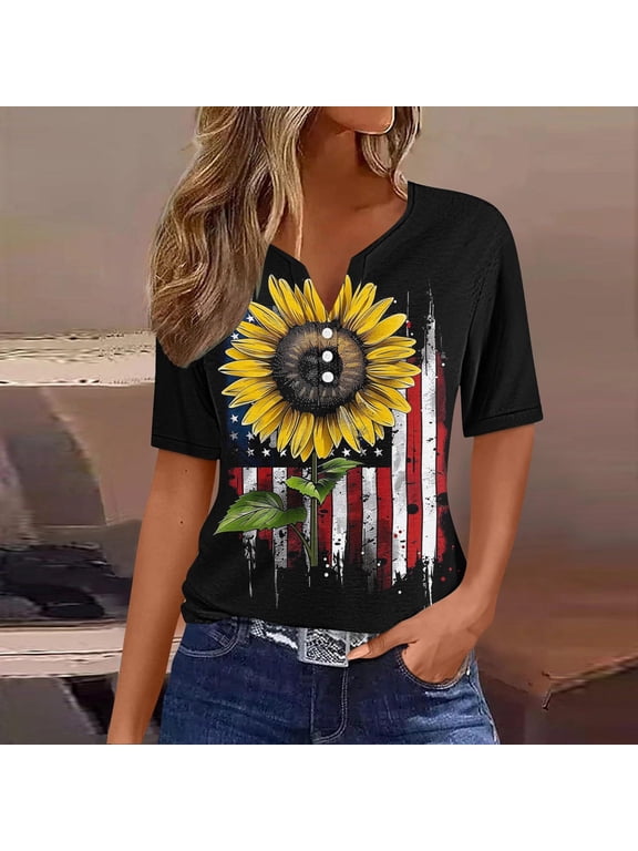4th of July Tee Shirts Women's Patriotic American Flag Graphic T Shirts Independence Day Short Sleeve V Neck USA Flag Patriotic Memorial Day Tee